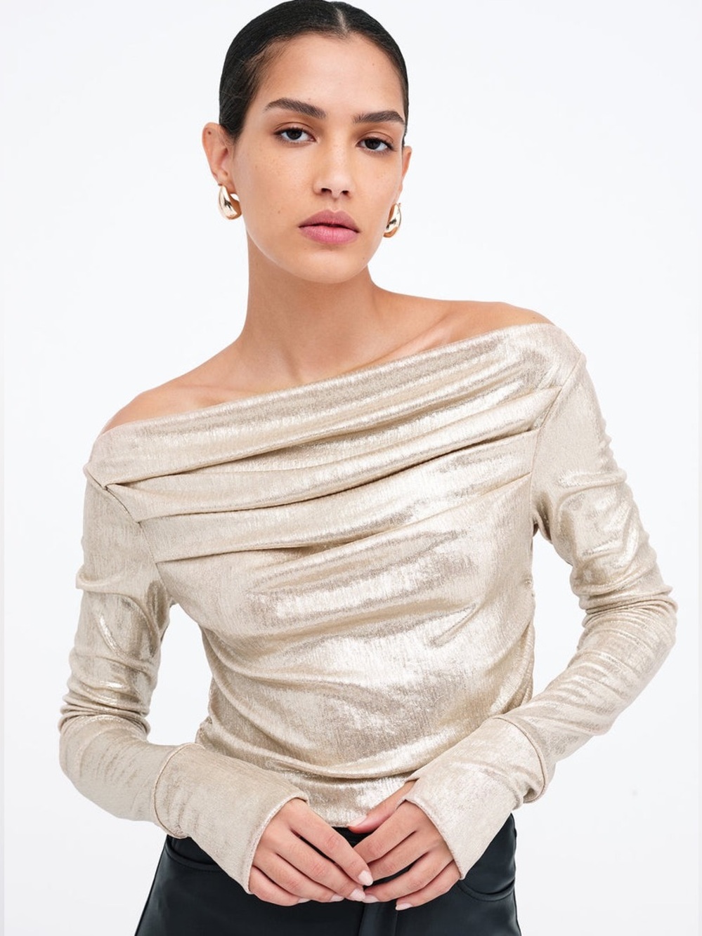 Marcella NYC Cooper Sparkly Lurex Long Sleeve Boatneck Top Stardust Size XS